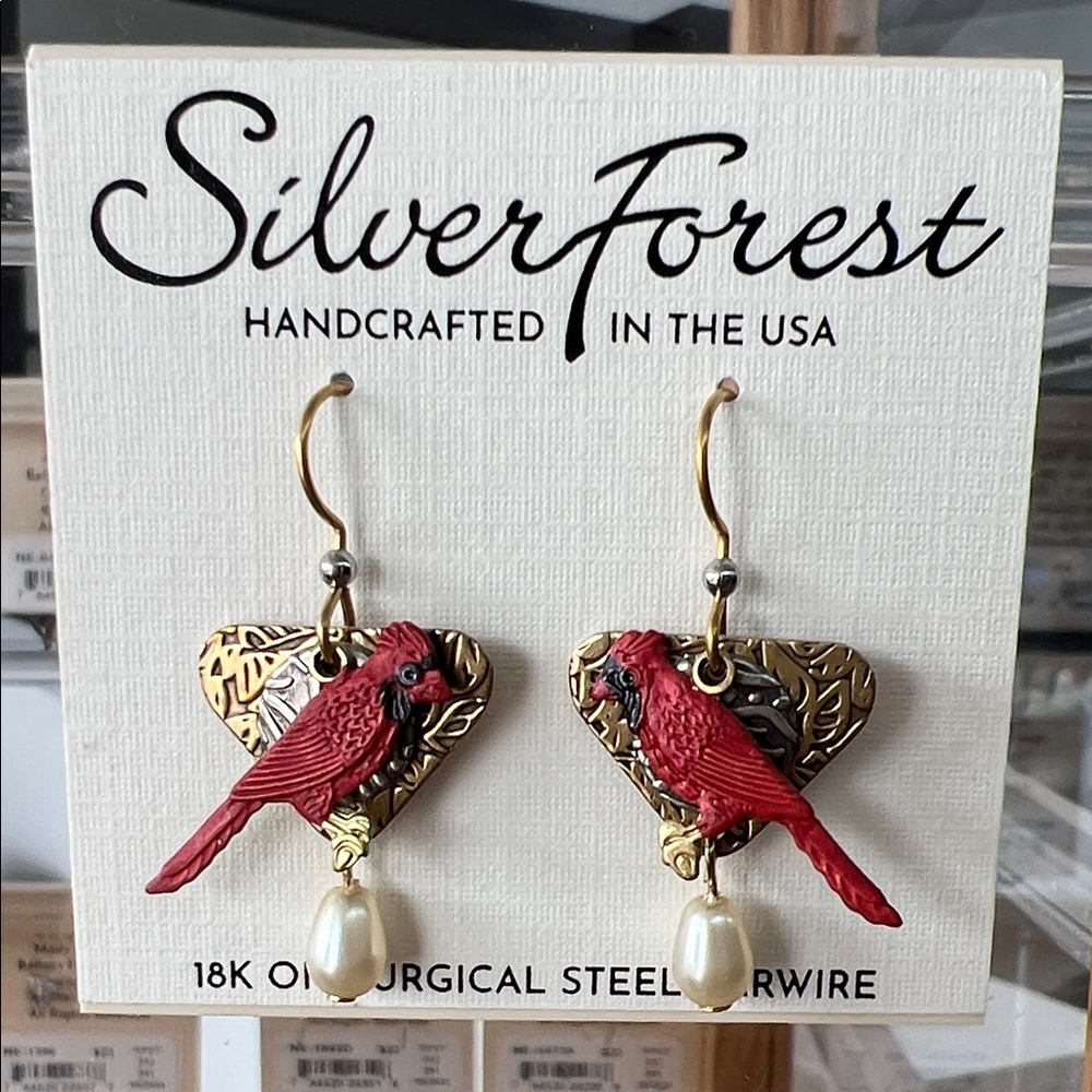 Silver Forest Red Cardinal Earrings with Gold Heart and Pearl